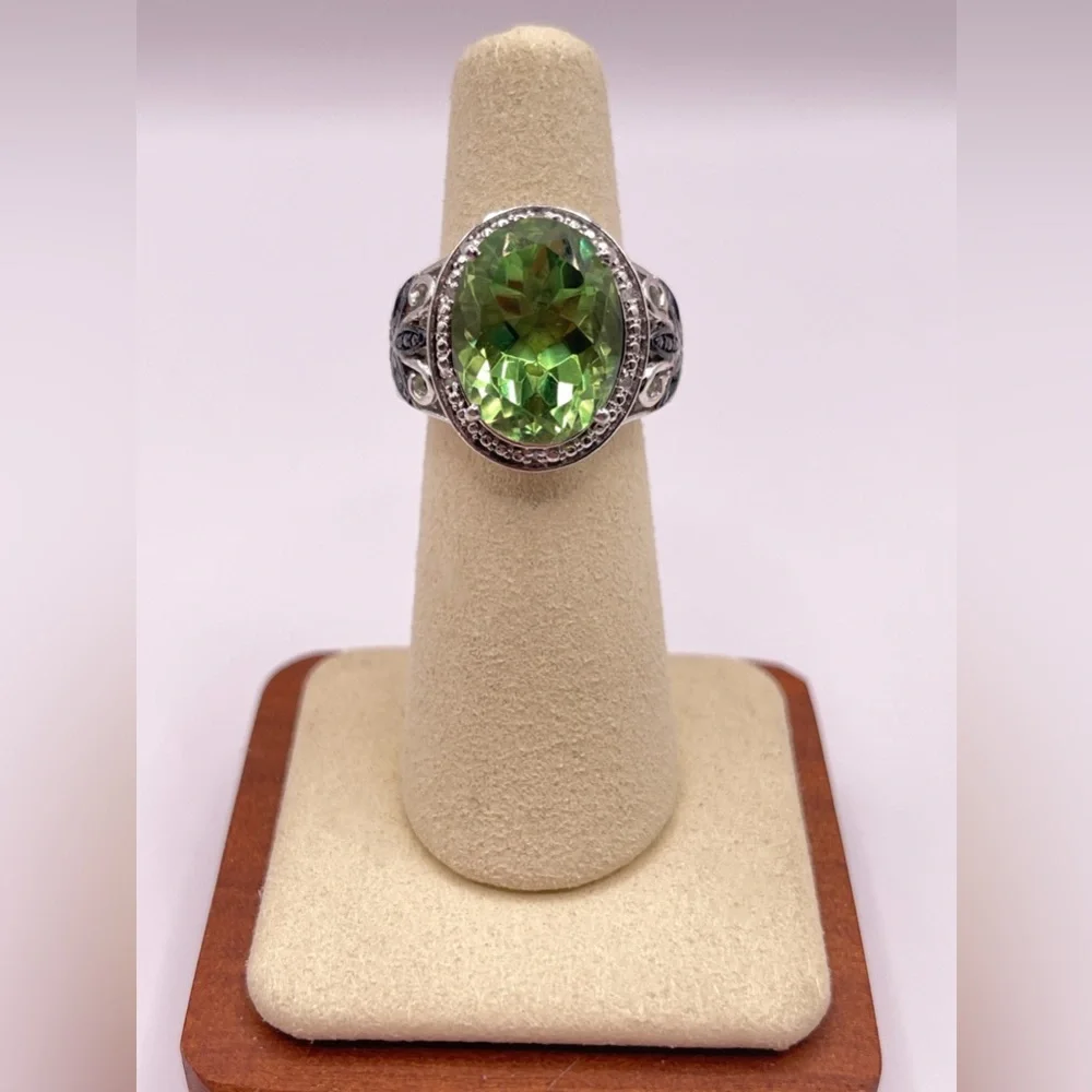 Simulated peridot in sterling silver with black rhinestone accents